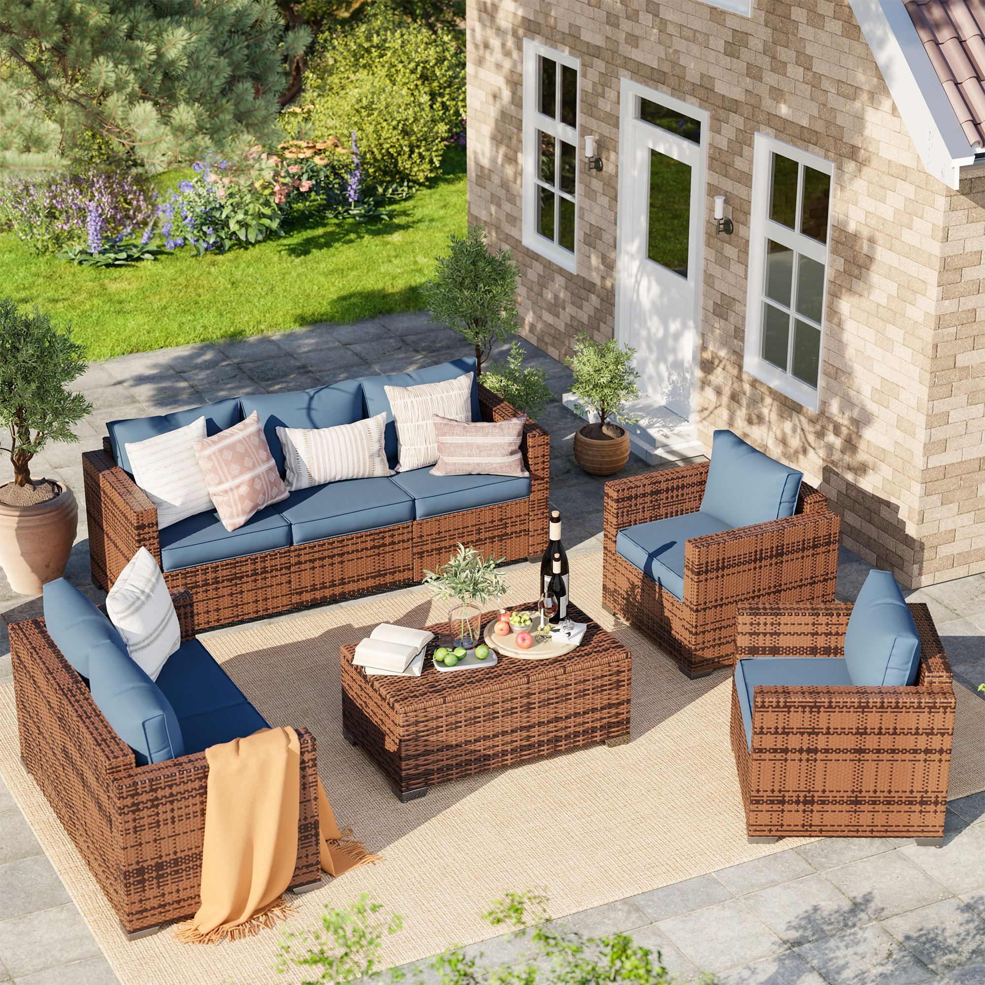 Azoriah 5 Piece Oversized Armrest Outdoor Sectional Furniture Rattan Sets w Storage Table Latitude Run Cushion Color Navy Blue